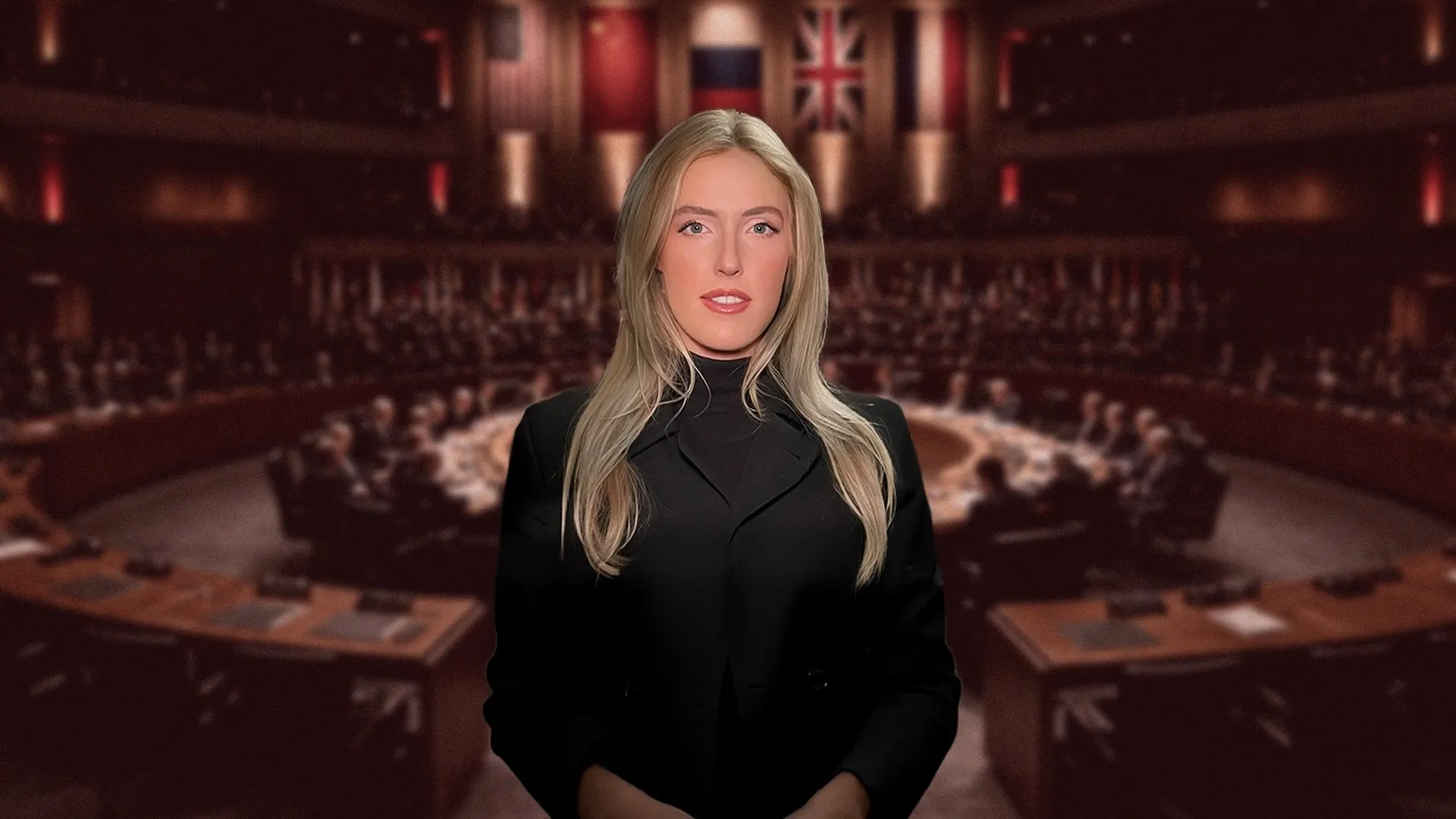 Illustrated blonde woman in a black suit seated before a blurred international assembly with flags.