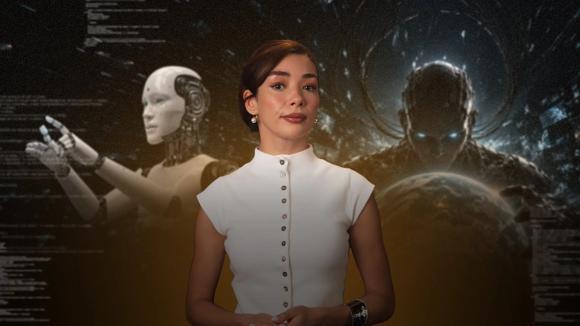 Woman in white shirt stands before humanoid robots, digital code, and a glowing planetary scene