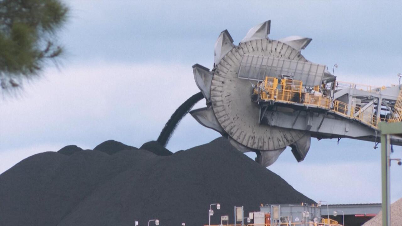 A bucket-wheel reclaimer loads a mound of coal at an industrial storage facility.