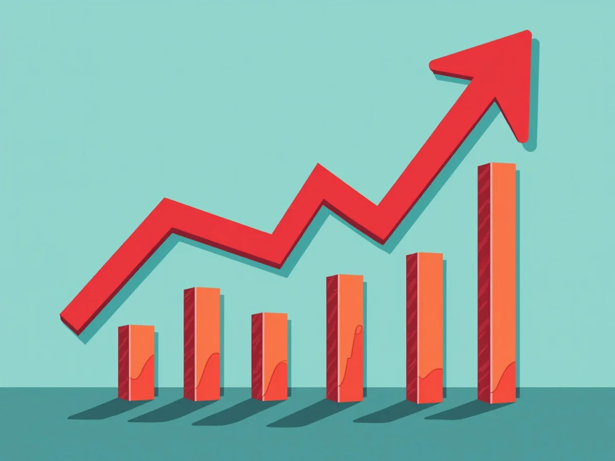 Red upward arrow rises above six ascending red-orange bars on a turquoise background.