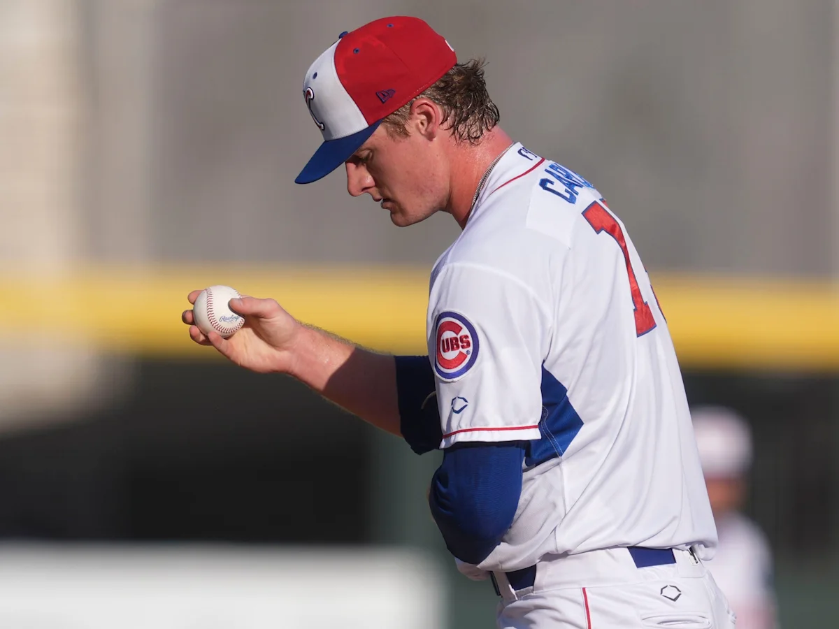 Baseball player in Cubs uniform examines a baseball during a game.