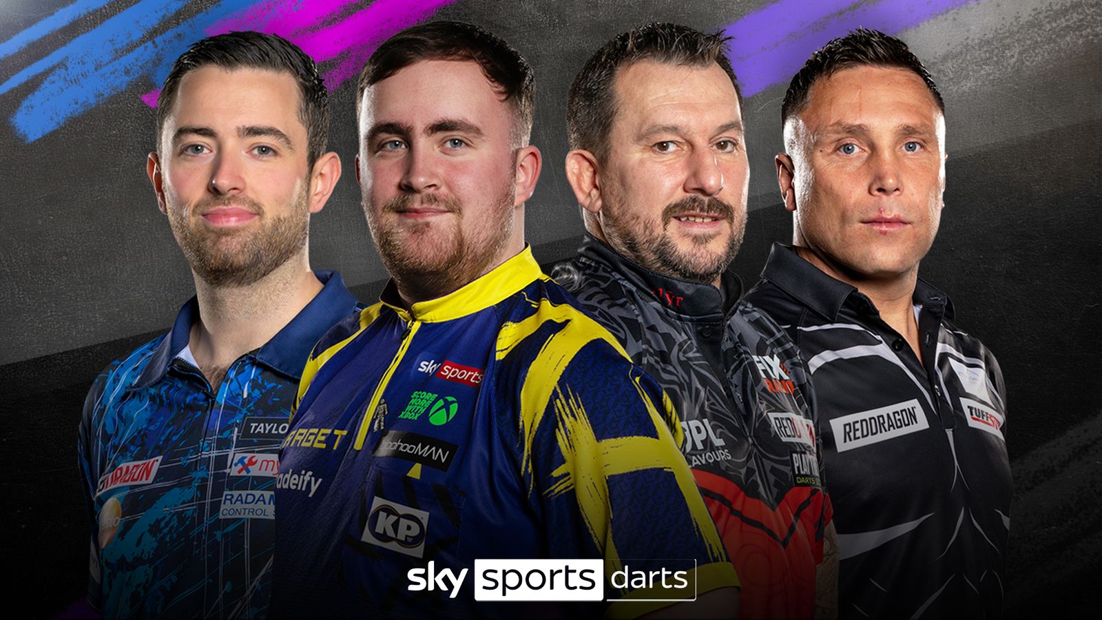 Four male darts players in colorful jerseys posed against a dark graphic background with Sky Sports Darts branding