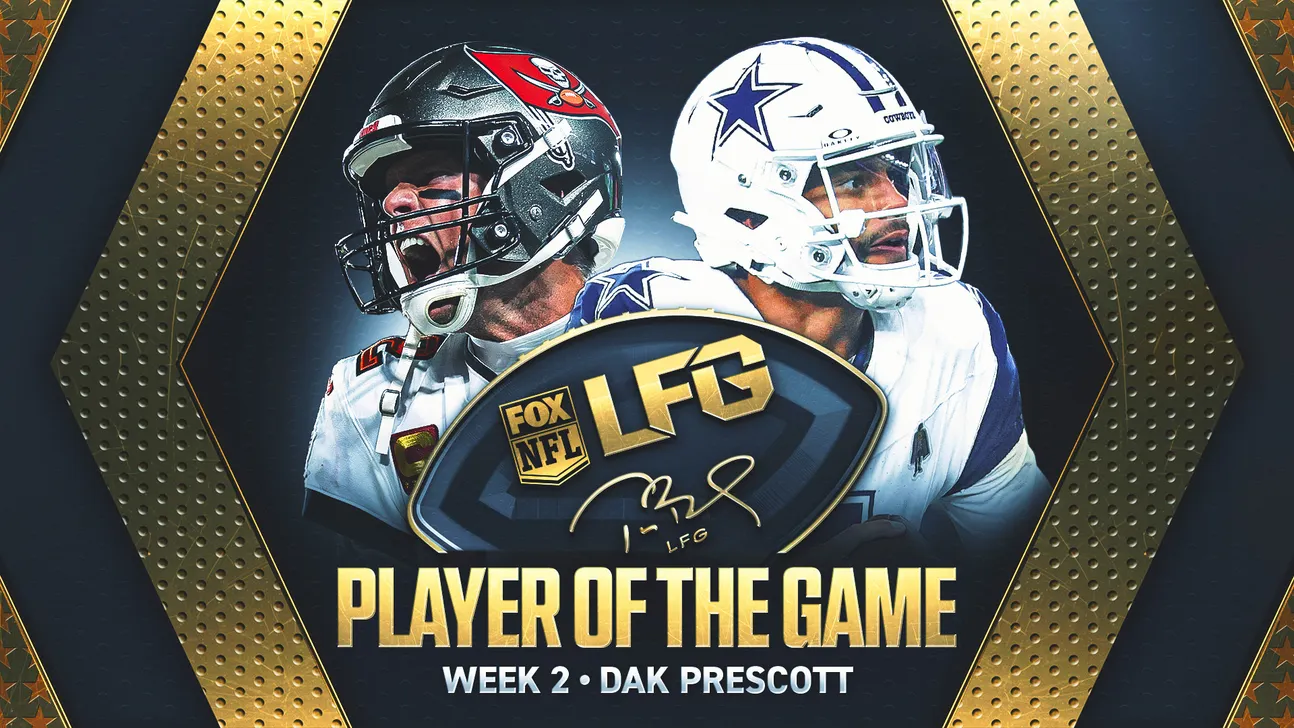 Graphic shows two football players, Cowboys and Buccaneers imagery, and gold Player of the Game lettering.