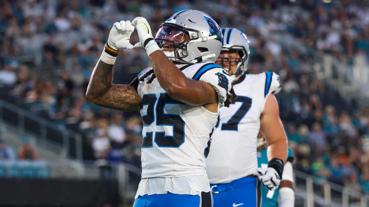Carolina Panthers football player catches a pass while a teammate runs behind him