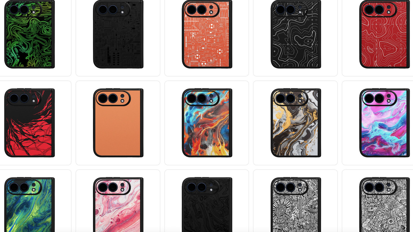 Grid of colorful and monochrome smartphone cases featuring circuit, marbled, contour, and illustrated patterns.