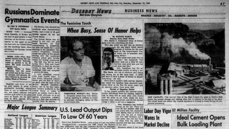 Black-and-white 1960 newspaper page with gymnastics, business, and industrial facility headlines