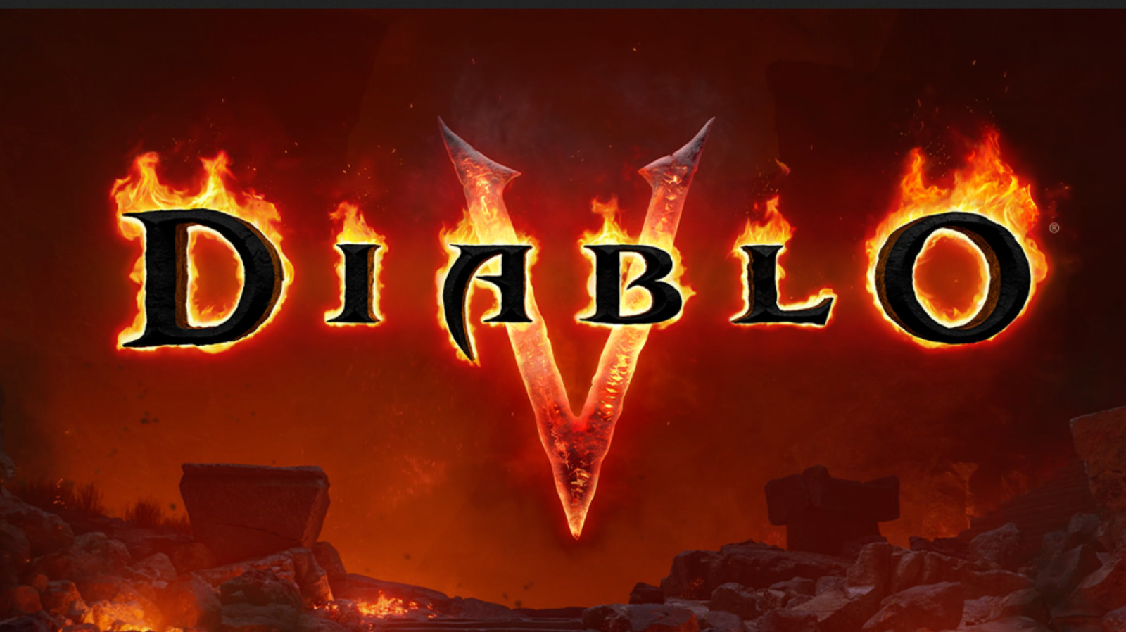 Diablo V logo surrounded by flames above a fiery, rocky volcanic landscape