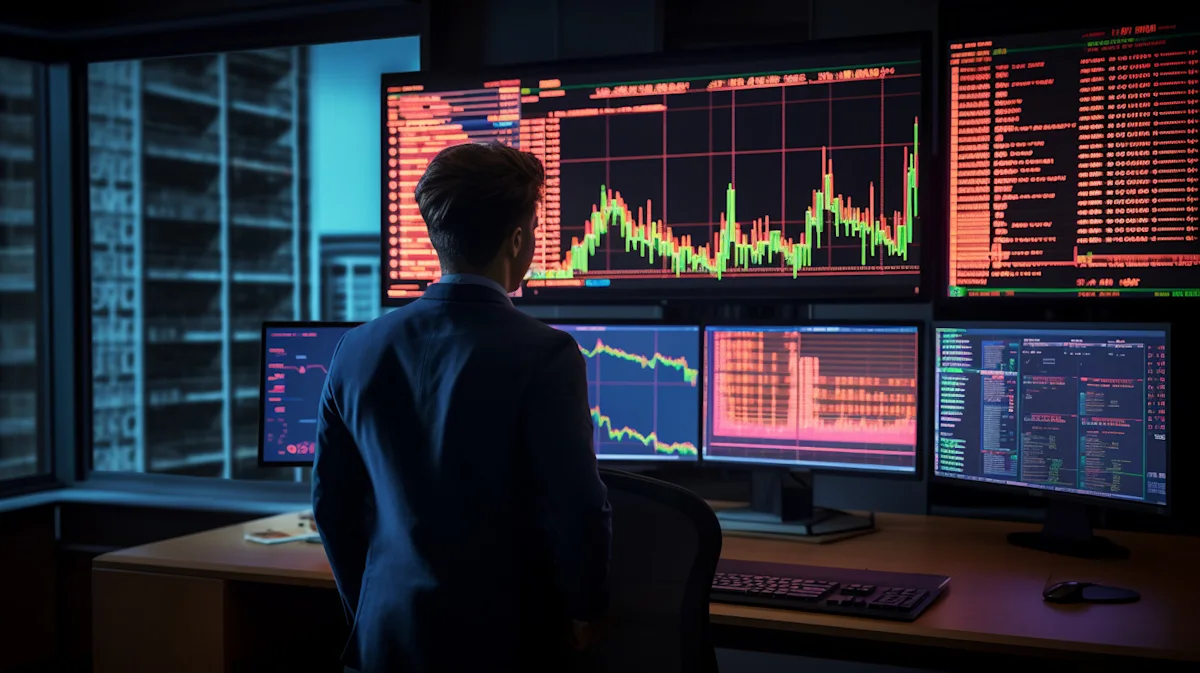 Trader monitors multiple screens displaying financial charts, market data, and coding in a dark office.