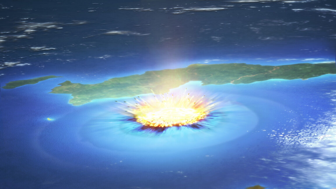 Illustration of a bright impact explosion in the ocean beside a green island under a starry sky.