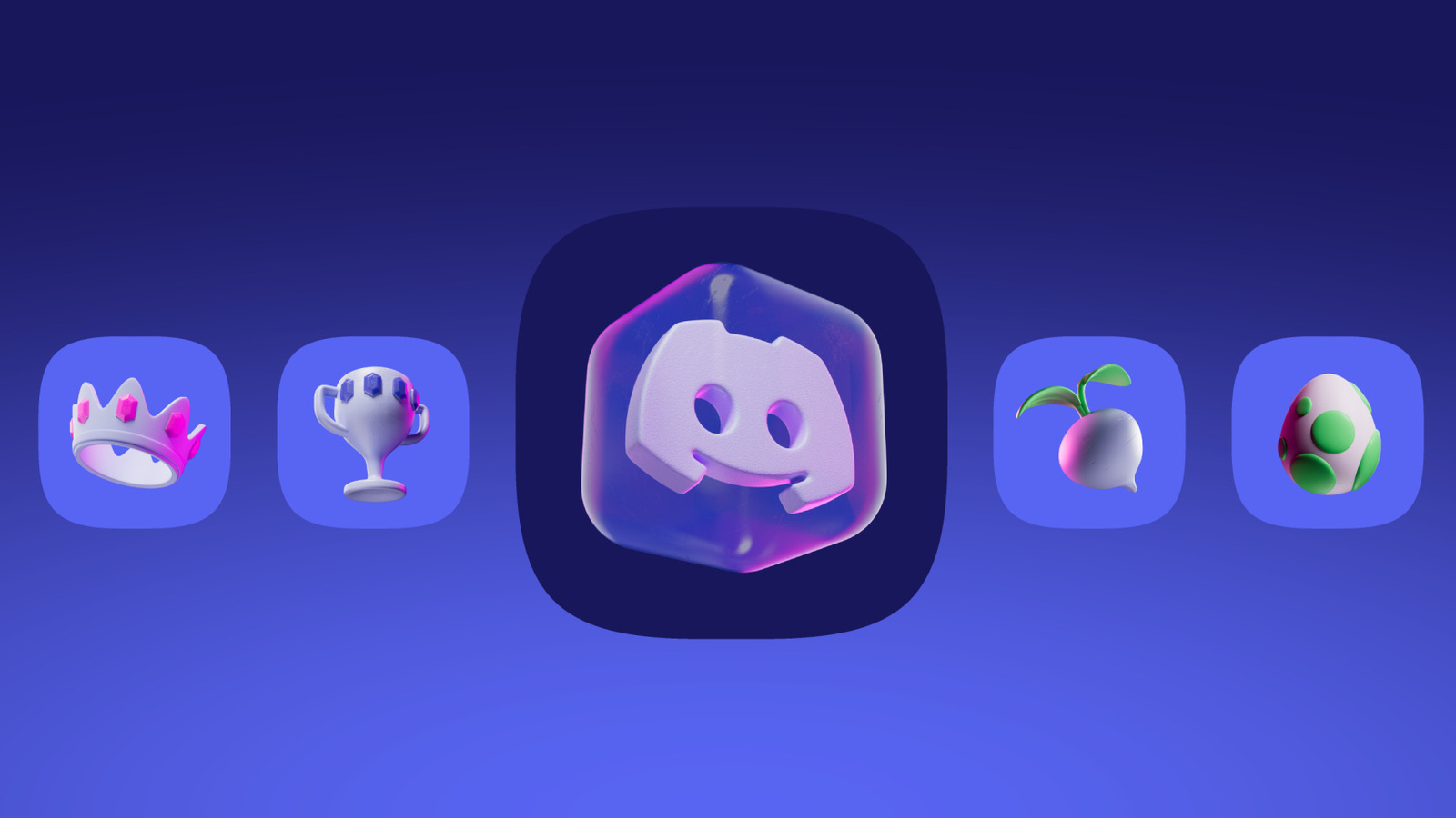 A glowing Discord logo sits between game reward icons on a blue gradient background.