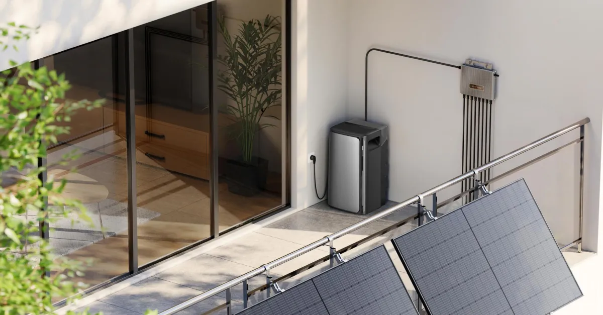 Balcony-mounted solar panels beside a glass door, power inverter, and outdoor appliance.