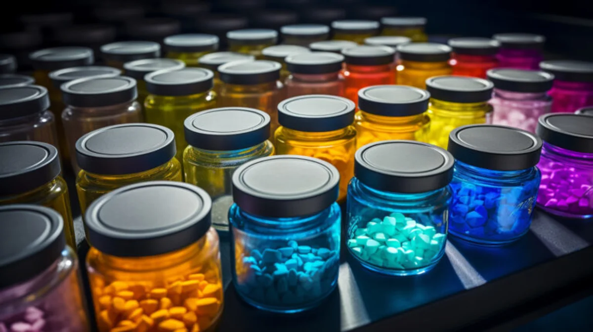 Colorful pharmaceutical tablets in glass jars with dark lids arranged in rows