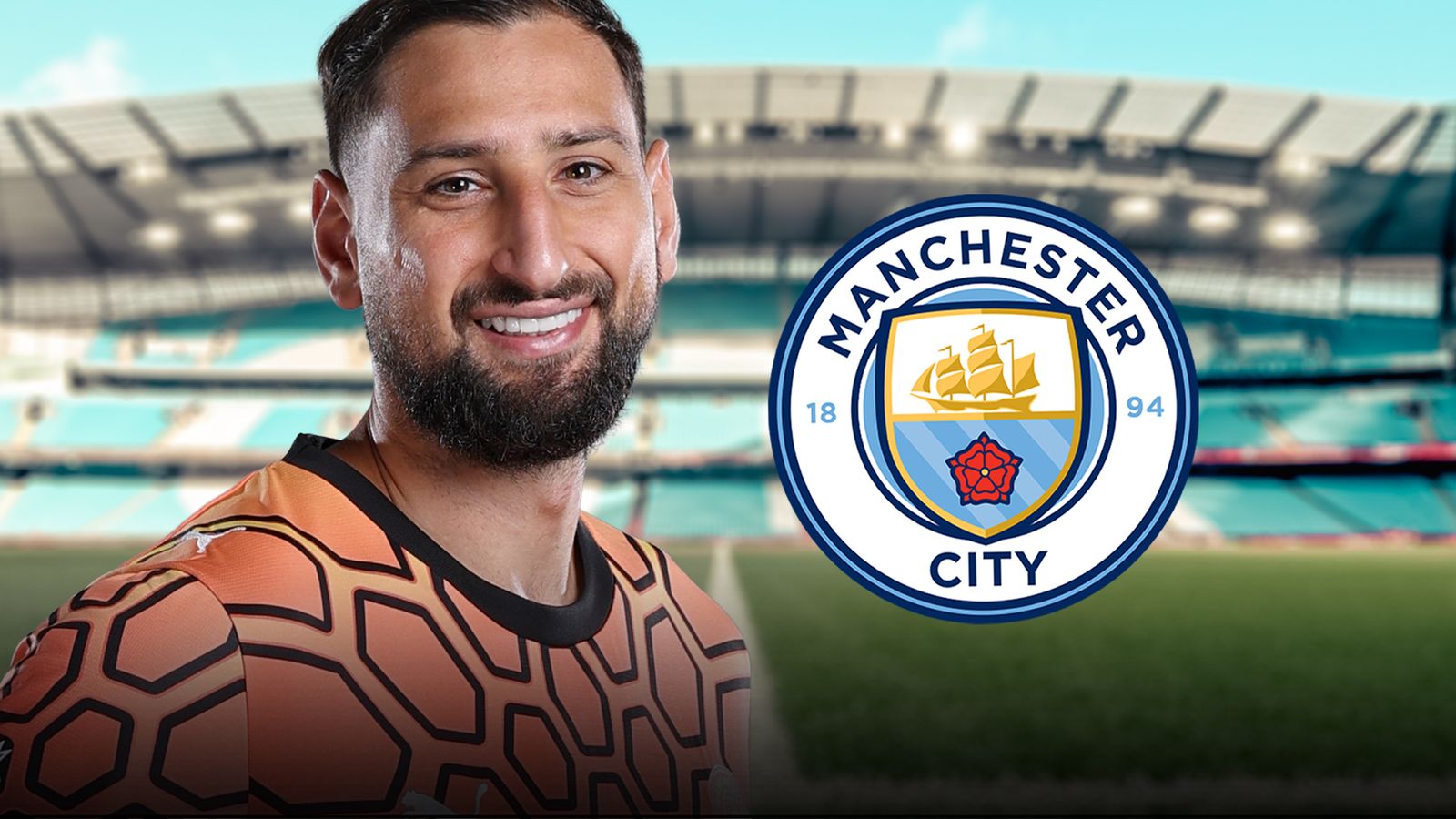 Smiling goalkeeper in an orange jersey pictured beside a large Manchester City crest.