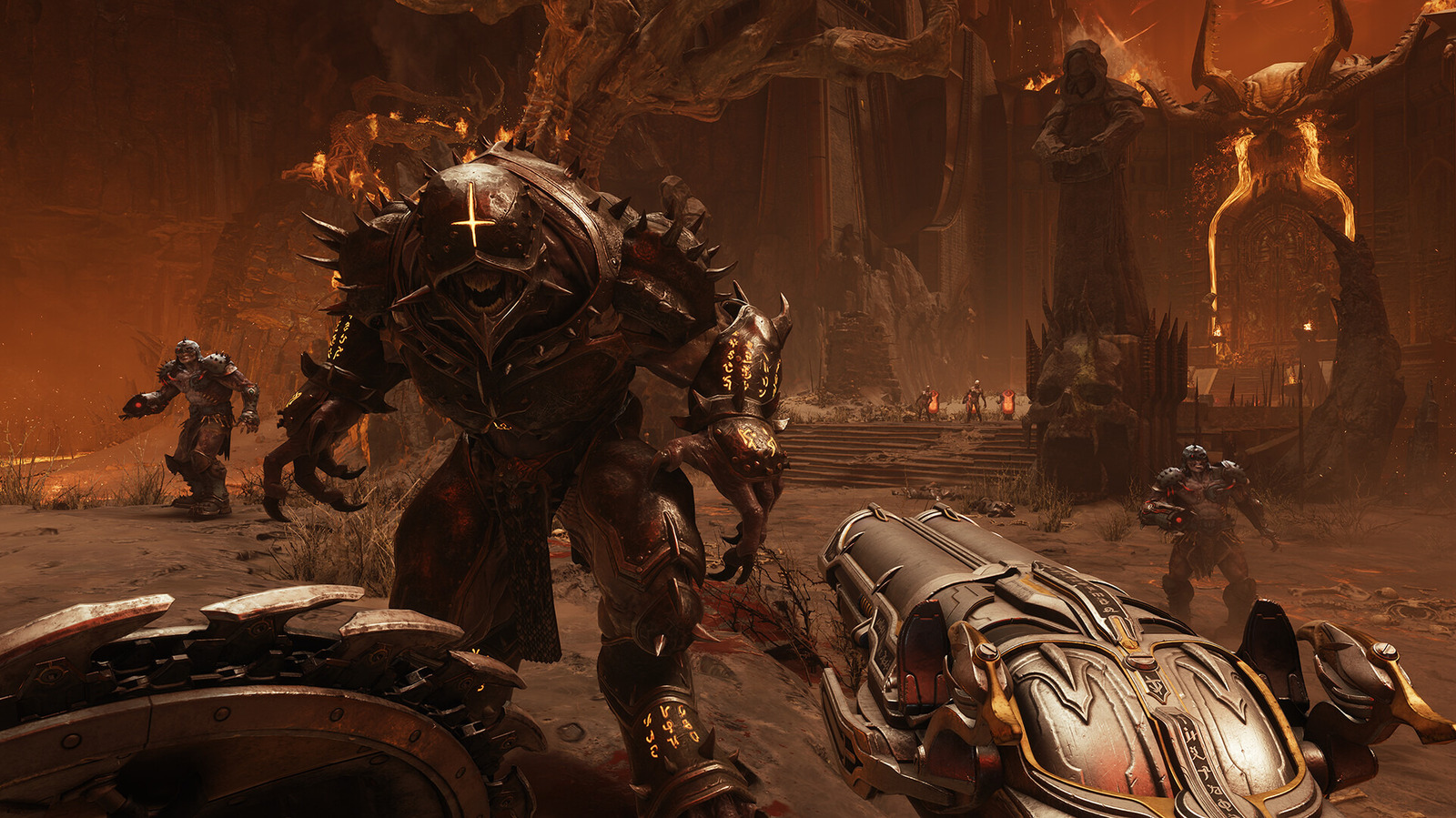 Armored demon confronts a first-person weapon in a fiery, dark fantasy battlefield.