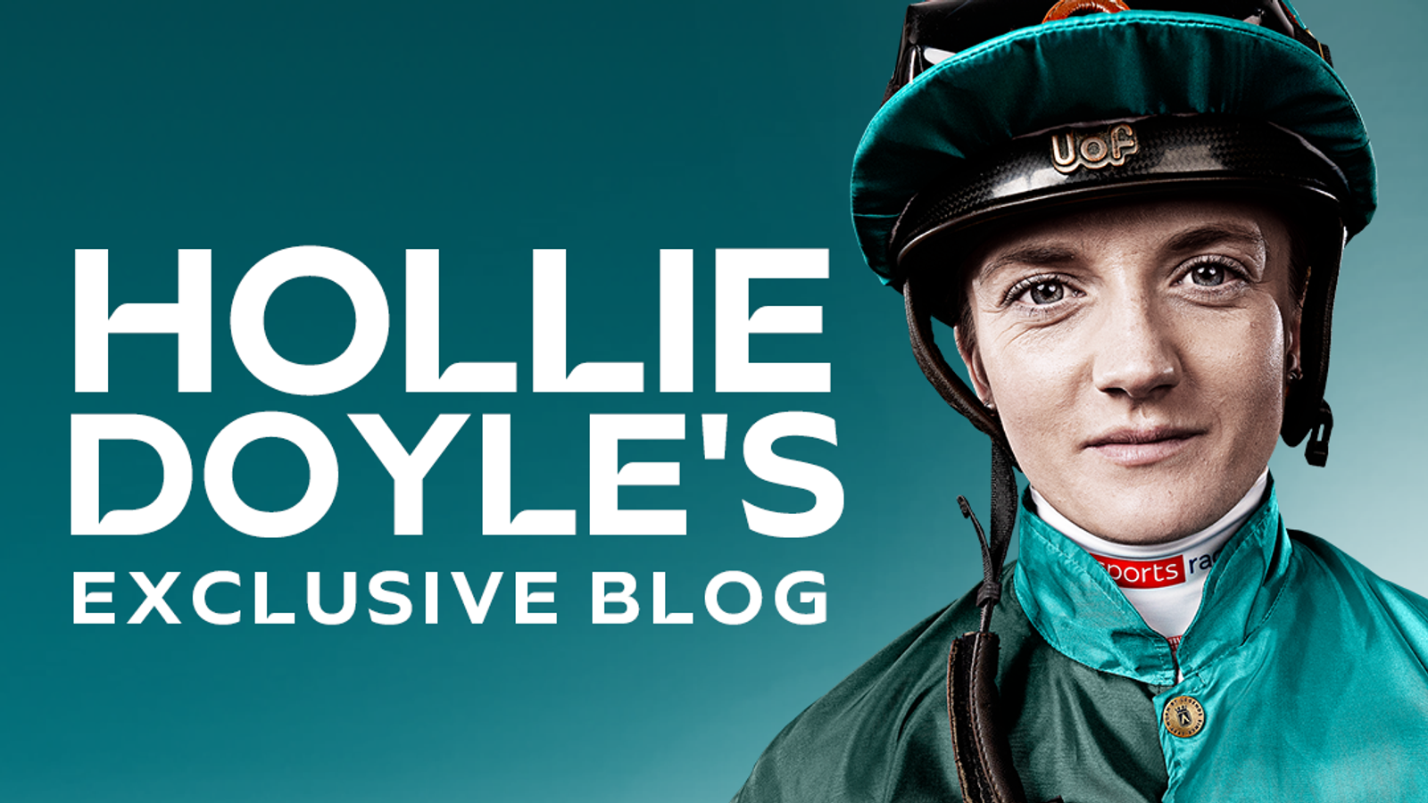 Graphic showing jockey Hollie Doyle in racing silks beside bold “Hollie Doyle’s Exclusive Blog” text