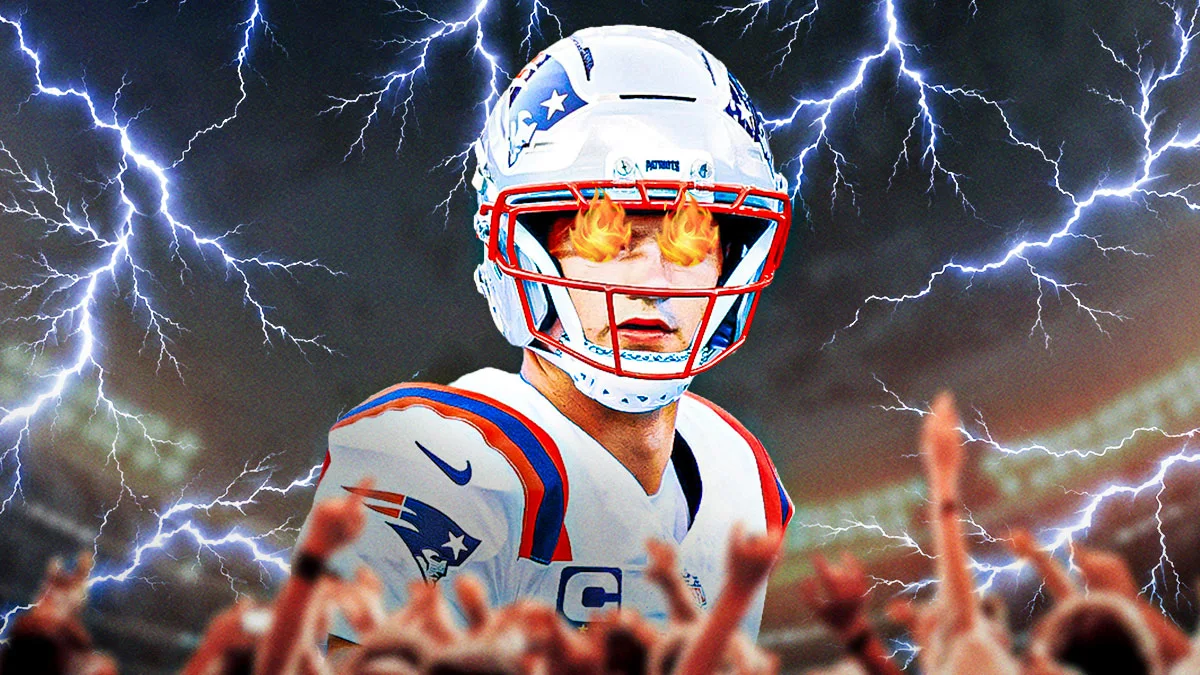 Football quarterback in Patriots uniform under helmet, surrounded by raised hands and lightning