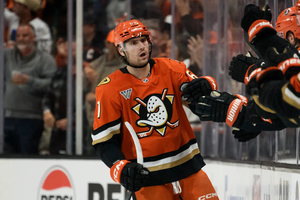 An Anaheim Ducks player in orange celebrates with teammates during a game.