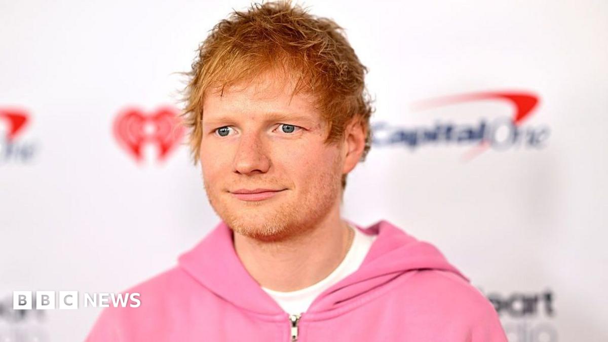 Red-haired man in a pink hoodie poses before a branded backdrop with a BBC News watermark.