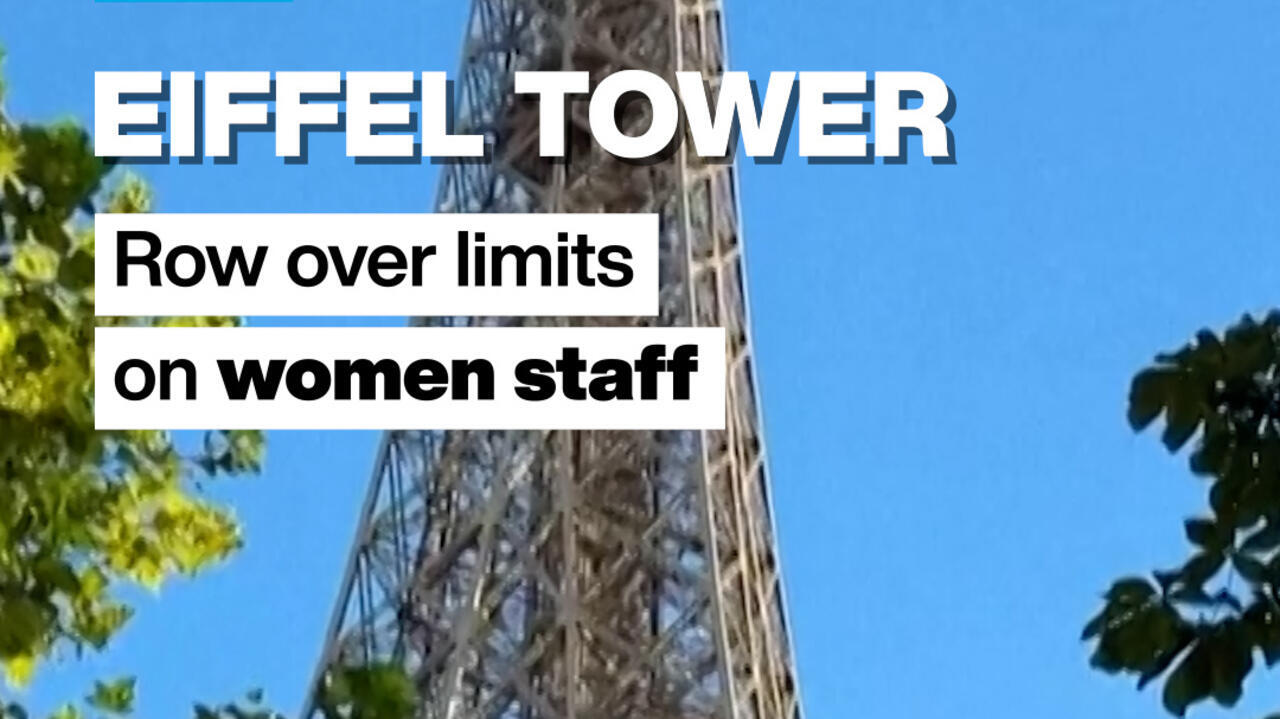 Eiffel Tower viewed from below against blue sky, trees, and overlaid headline text.