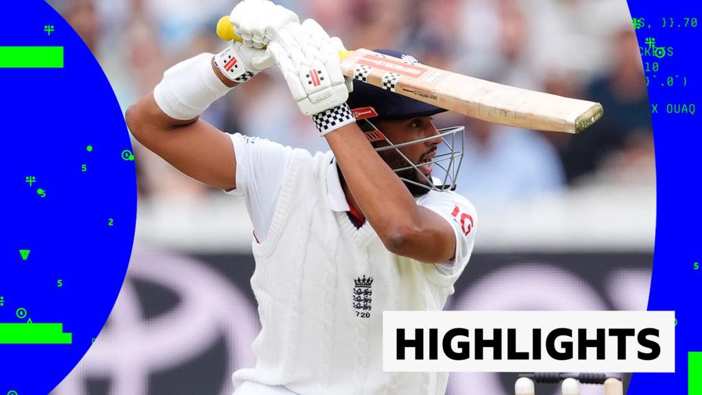 Cricketer in white kit raises his bat and gloves during play beside a Highlights graphic