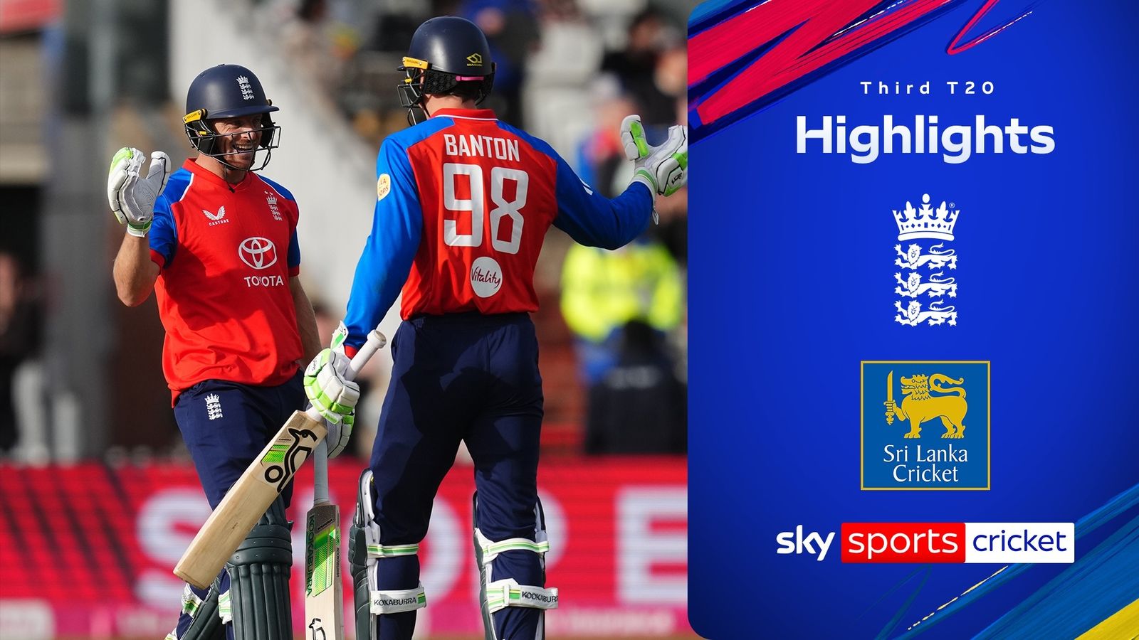 England batters celebrate together beside a third T20 highlights graphic against Sri Lanka.