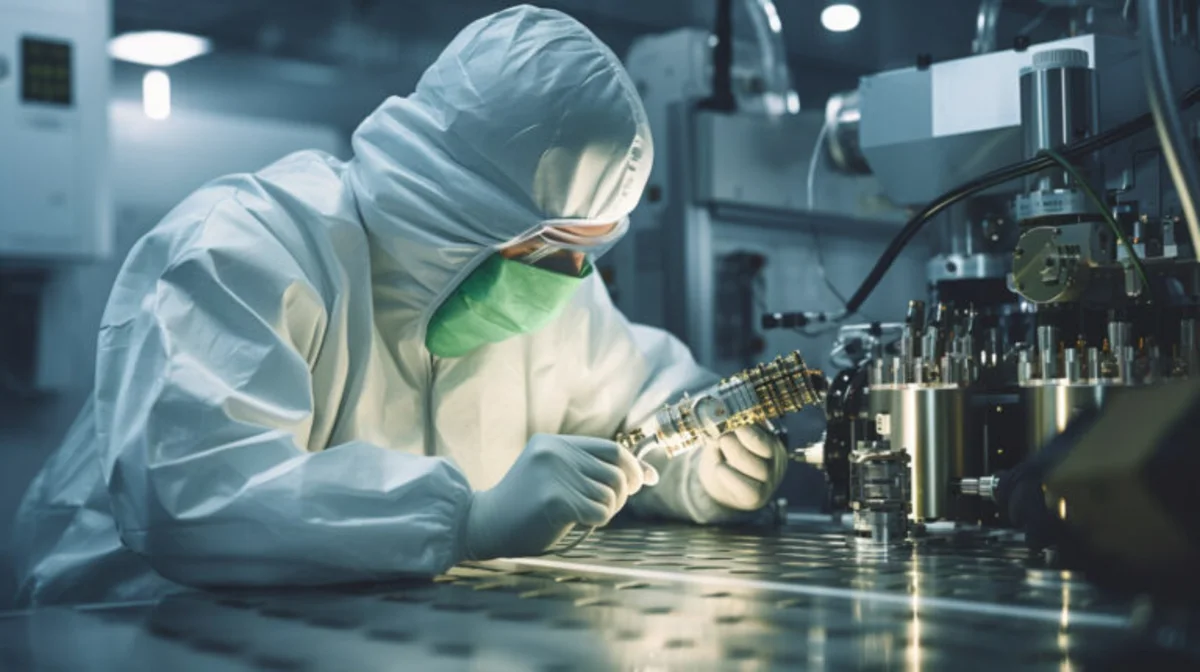 Cleanroom worker examines a cylindrical component beside advanced semiconductor manufacturing equipment.
