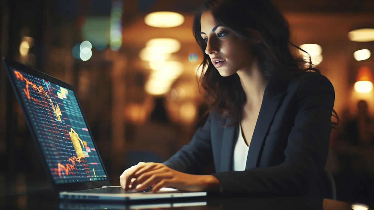 Woman working at a laptop displaying financial charts and data in a dimly lit office