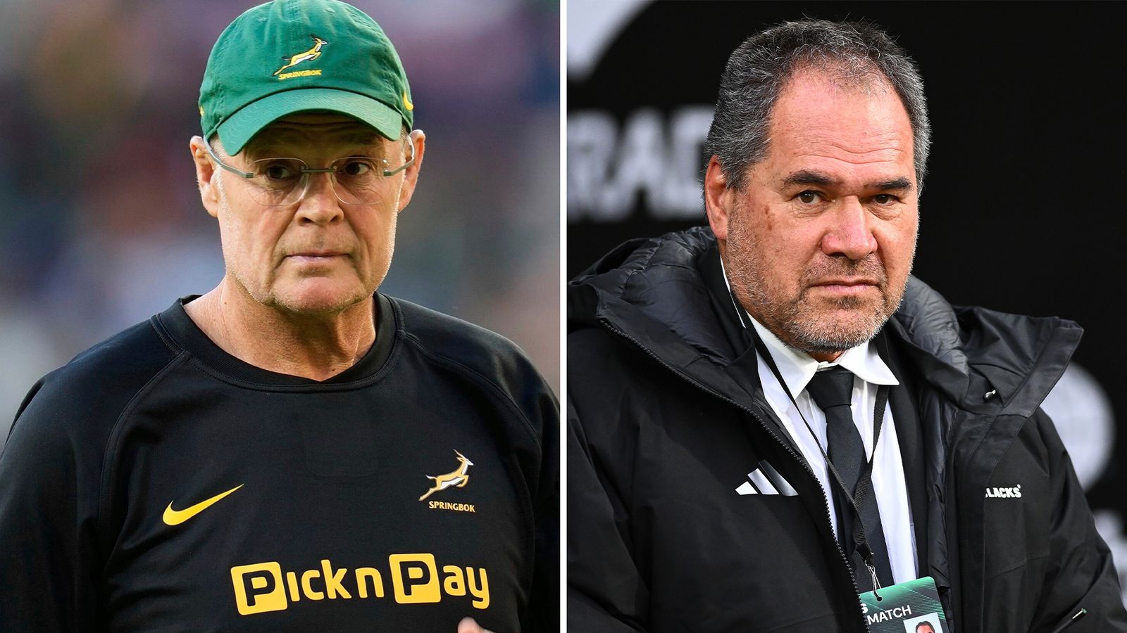 Split image showing two stern rugby figures, one in a green Springbok cap and one in a black jacket.