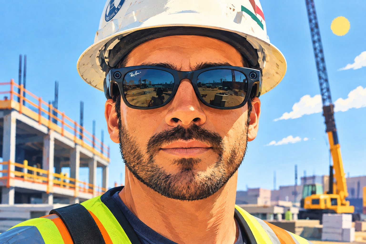 Construction worker wearing hard hat, safety glasses, and reflective vest at an active building site