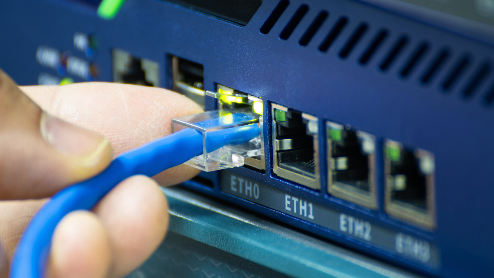 Close-up of a blue Ethernet cable being plugged into a network device port.