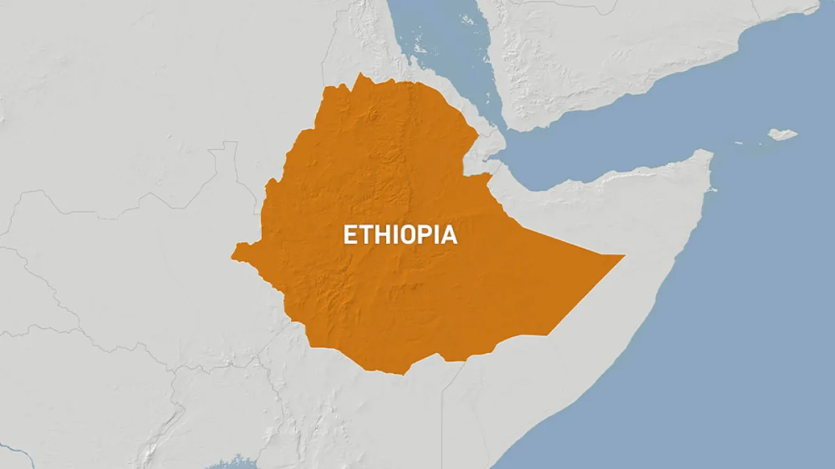 Orange map highlighting Ethiopia, labeled in white, with surrounding terrain and blue waterways.