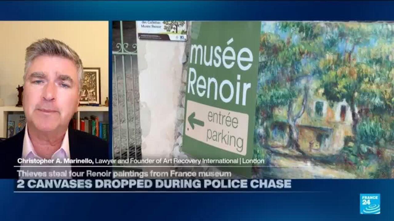 Split-screen news graphic showing a man beside the Musée Renoir sign and artwork.