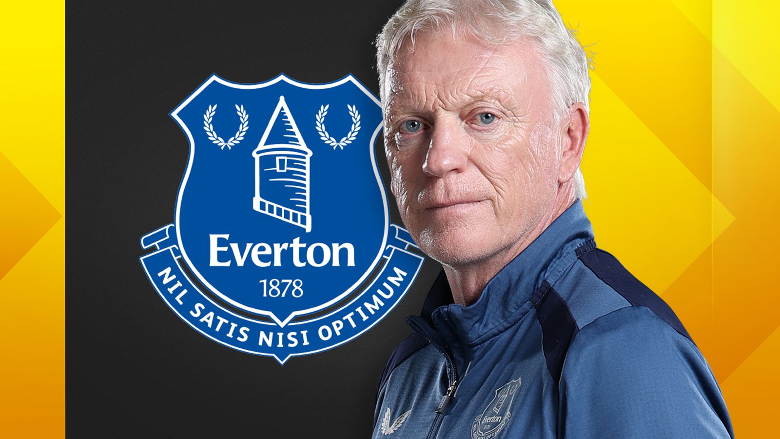 Everton manager David Moyes pictured alongside the Everton club crest on a yellow and black background