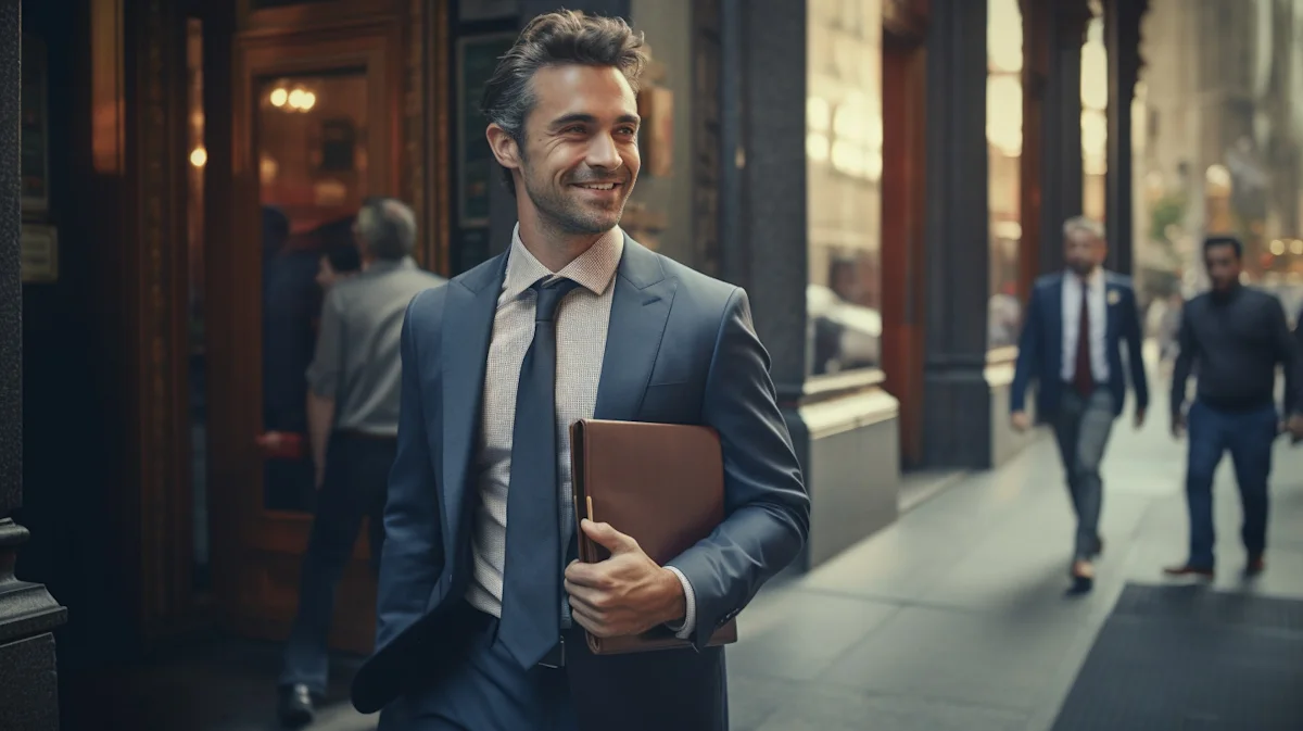 Smiling businessman in a suit carrying a brown folder outside a city building