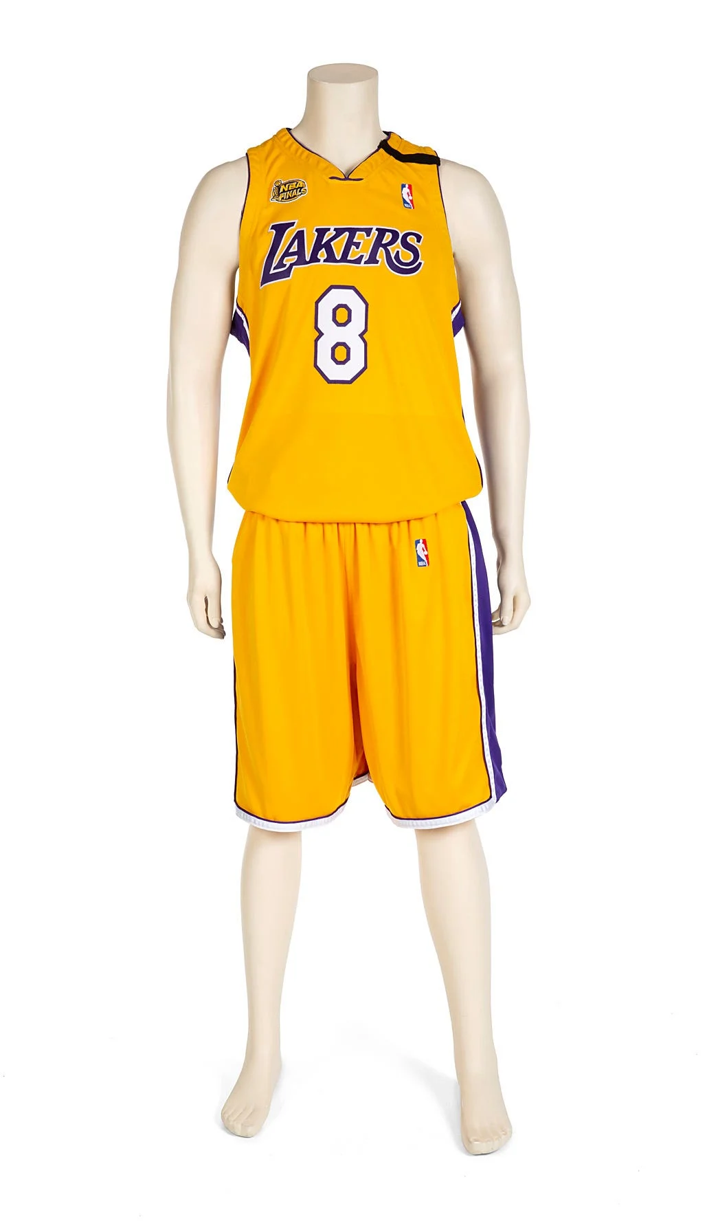 Mannequin wearing a gold Los Angeles Lakers basketball jersey and shorts with number 8