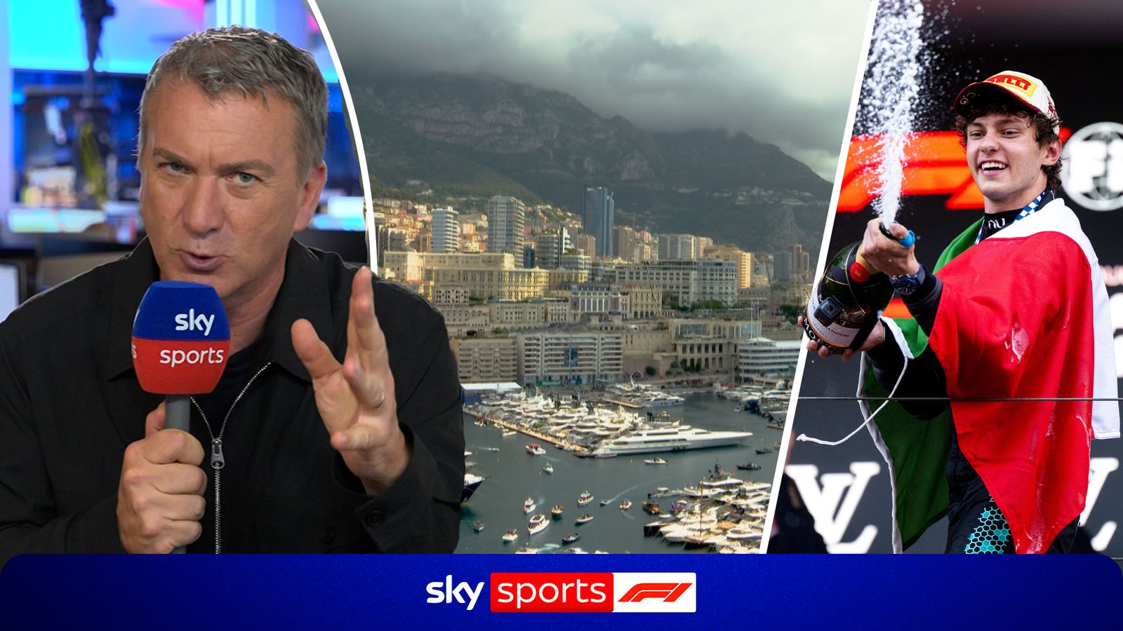 Sky Sports presenter, Monaco waterfront and young driver celebrating with champagne and a flag