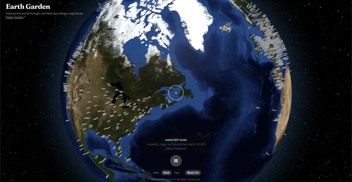 Interactive globe showing North America, sound markers, and a centered location pin against a starry background