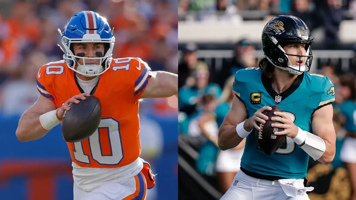 Split image of two football quarterbacks in orange and teal uniforms holding footballs during games