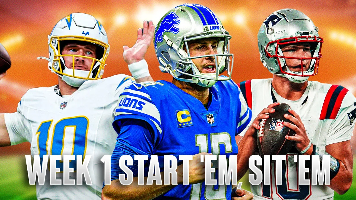 Composite image of three football quarterbacks in helmets with bold Week 1 start-or-sit text
