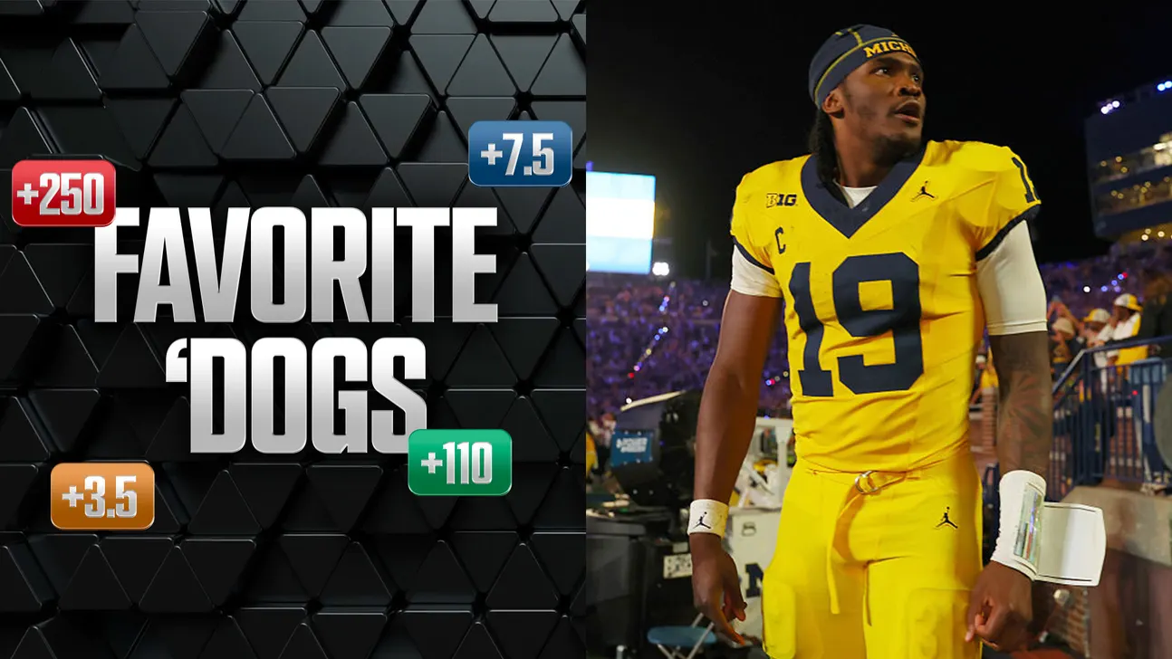 Michigan football player in yellow uniform beside graphic reading “Favorite Dogs” with betting odds