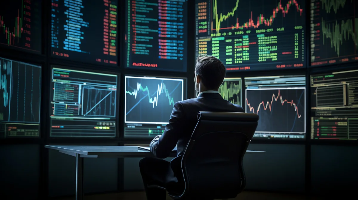 Trader seated before multiple monitors displaying colorful stock market charts and financial data