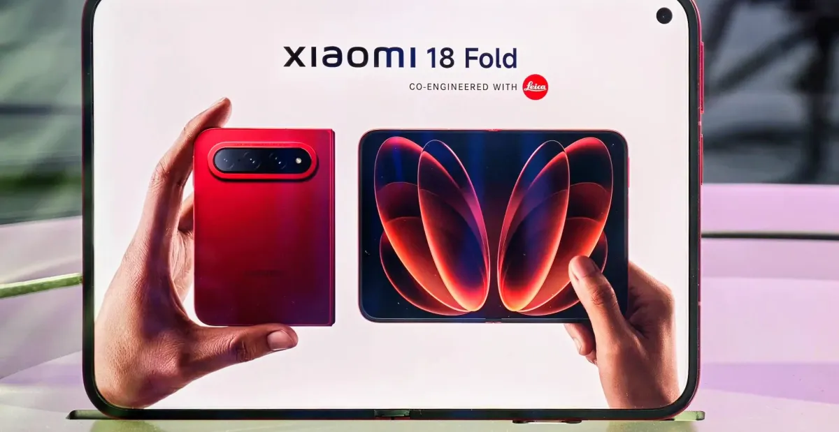 Foldable Xiaomi 18 phone displayed on a tablet screen beside a red handset.