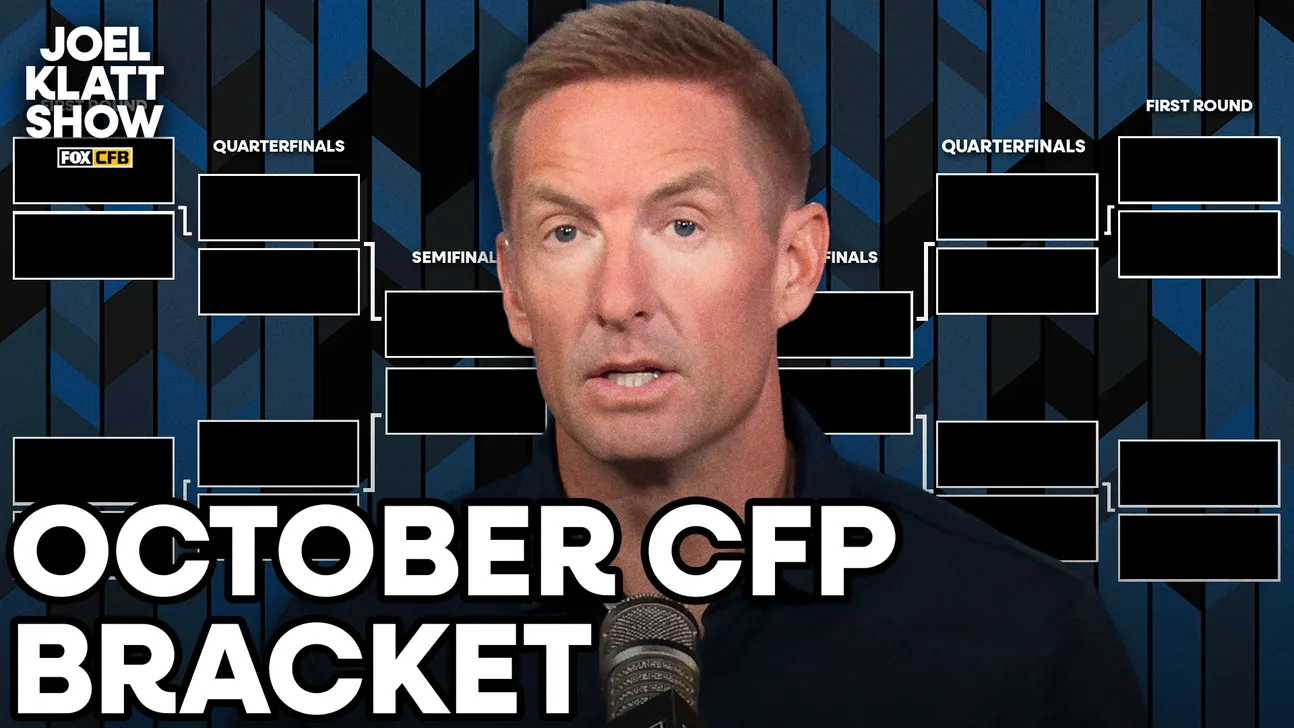 Joel Klatt speaks in front of a college football playoff bracket graphic labeled “October CFP Bracket.”