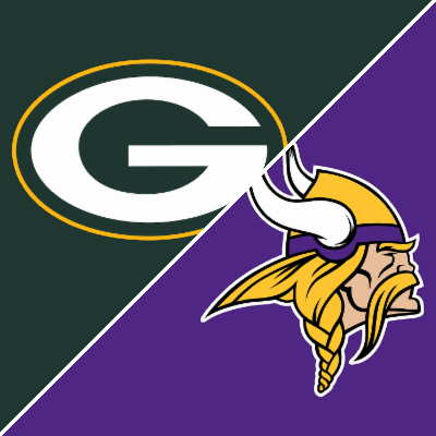 Packers and Vikings logos divided diagonally across dark green and purple backgrounds