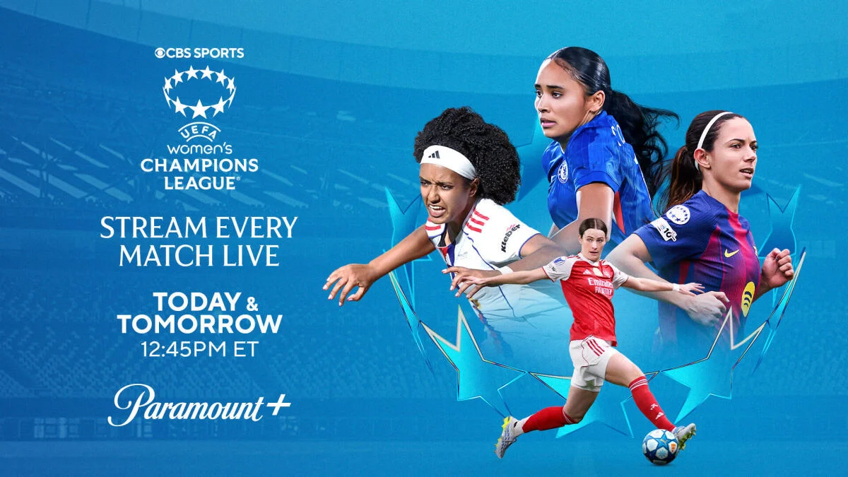 Promotional graphic shows four women soccer players against a blue stadium backdrop with Champions League and Paramount+ branding.