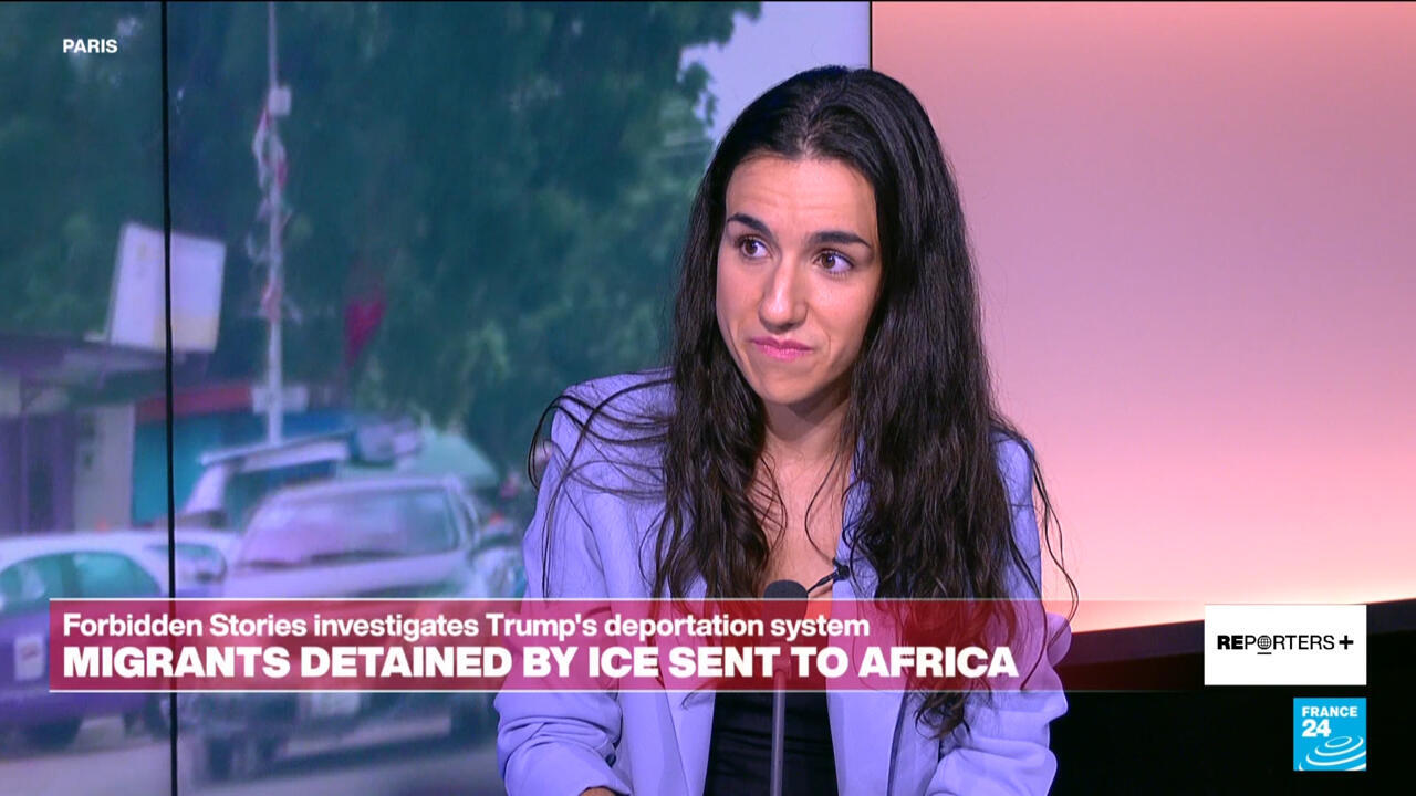 Woman with long dark hair appears on a France 24 television news broadcast.
