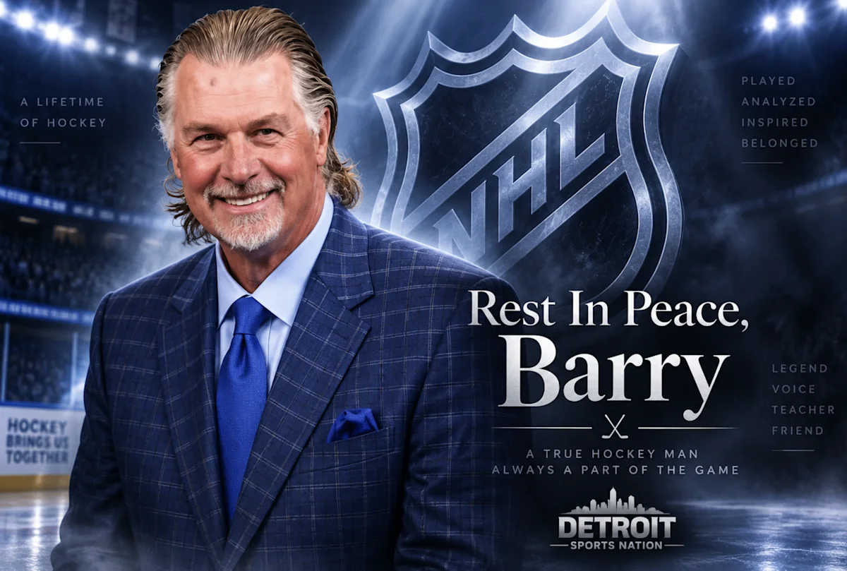 Memorial graphic showing a smiling gray-haired man in a suit beside a large NHL shield