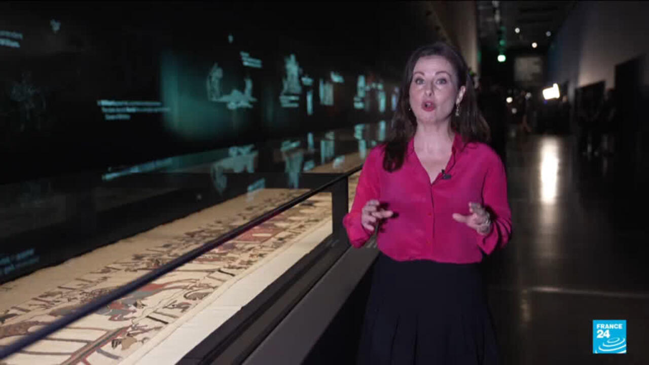 Woman in pink blouse presents beside a long illuminated historical tapestry display in a dark museum.