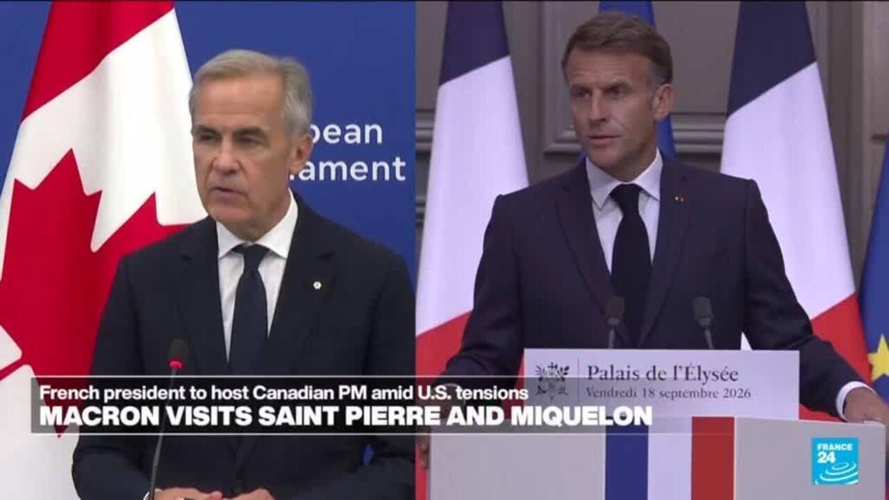 Canadian and French leaders stand at separate lecterns during a televised diplomatic event.