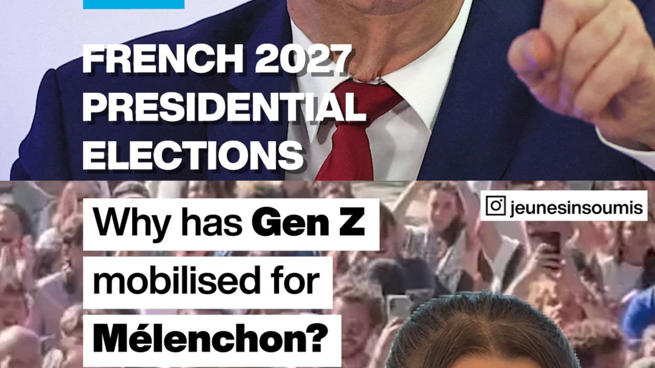 Graphic showing a suited speaker above a cheering crowd with text about French elections and Mélenchon